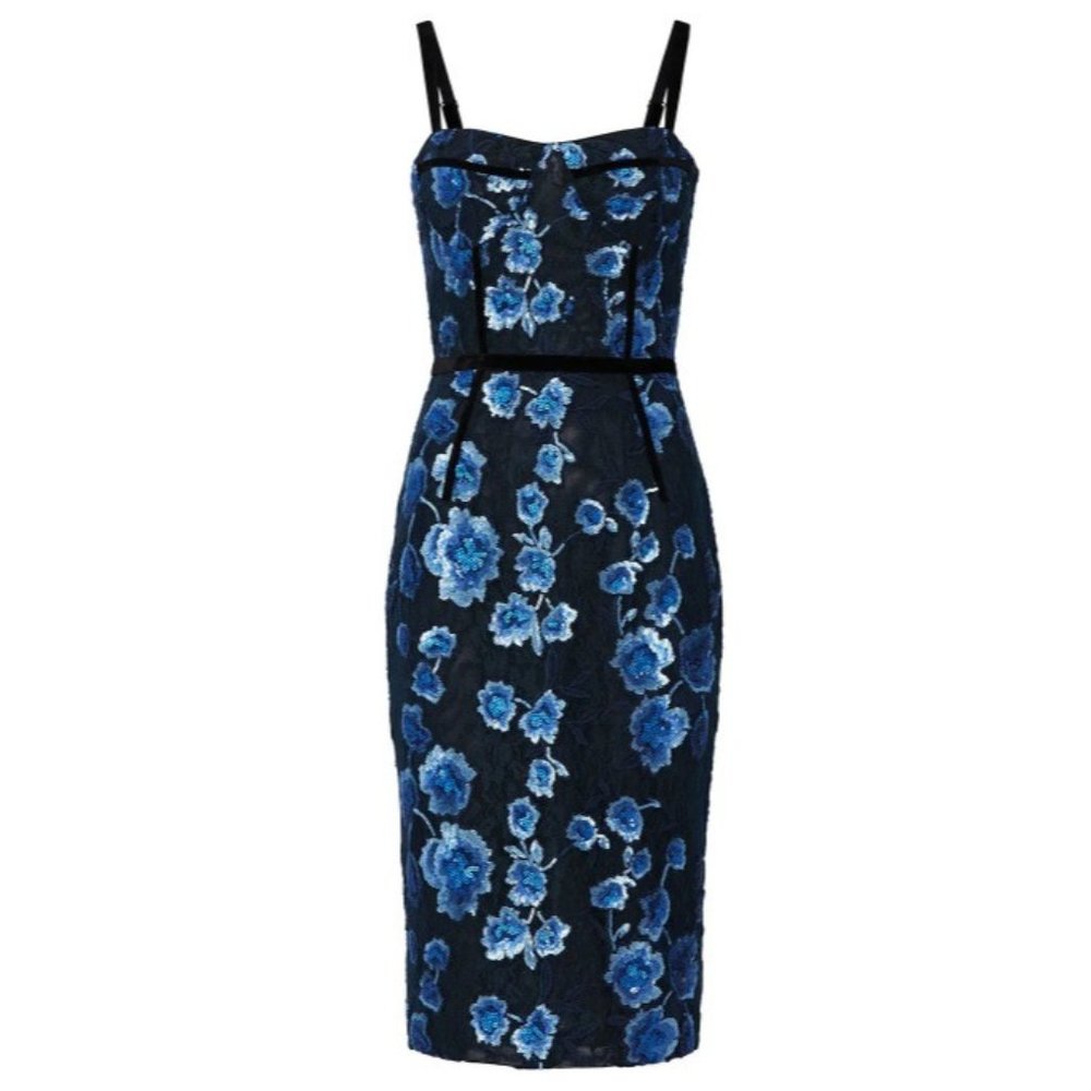 COPY - Bronx and Banco Blue & Black Floral Sequin Camille Pencil Dress AS-IS Si…